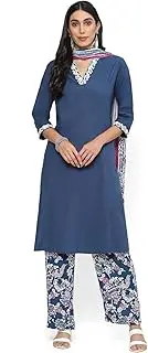 [BIBA] Blue Cotton A-Line Kurta Palazzo Suit Set, Blue
