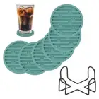 6 Pcs Round Drink Coasters with Holder, 4" Silicone Coaster, Dark Green(Stripes)