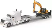 Diecast Semi Truck & Excavator Toy Model Metal Flatbed Truck W/Excavator Tractor