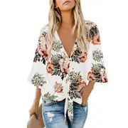 Nevenka Women's V Neck Tops Ruffle 3/4 Sleeve Tie Knot Blouses Button Down Shirts-Color White-0203