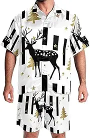 [FNETJXF] Men's Hawaiian Short Set, Men's 2 Pieces Shirt Sets, Men Beach Outfits Sets, Elk Flower Bird Animal Spring, Short Sets for Men