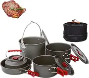 Outdoor Camping Tableware Set, 5 Pieces Camping Gavette Set Foldable, Contains 4 Pots of Different Sizes, 1 1.1L Kettle, Aluminum Alloy Insulation and Anti-scalding, Foldable Handle, for Outdoor Use