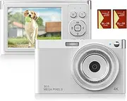 Compact 4K Digital Camera Video Camcorder 50MP 2.88Inch IPS Screen Auto Focus 16X Anti-Shake Face Detact Smile Capture Built-in Flash with 2pcs Batteries Carry Bag Wrist Strap for