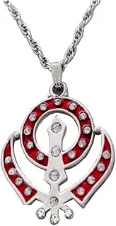 [Sullery] Sikh Sardar Punjabi Khalsa Khanda Red Zinc Metal Pendant for Men and Women, Metal, Cubic Zirconia