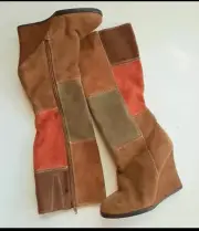 COLOR BLOCK WEDGE HEELS TALL RETRO KNEE HIGH BOOTS MEMORY SOLES RETRO BOHO 6