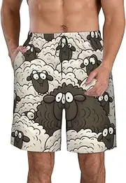 [FJWSLCH] Cartoon Black White Sheep Men's Swim Trunks Quick Dry Swimming Board Shorts Drawstring Hawaiian Beach Shorts