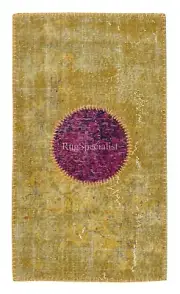 28x49 in Yellow Color Turkish Patchwork Rug. Handmade Colorful Circle Door Mat