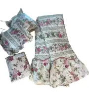 Twin Vintage Cabbage Rose Floral Bedspread w/ruffle, Sheet & Toss Pillows Set-4