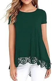 [QIXING] Womens Tops Lace Hem Short Long Sleeve Crew Neck Shirts A Line Tunic Blouse for Women UK