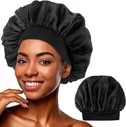 ElevateTech Silk Bonnet for Men, Satin Hair Cap for Sleeping Women, Non-Slip Reversible Sleep Cap, Double Layer Silk Hair Caps (Black, Large), Black