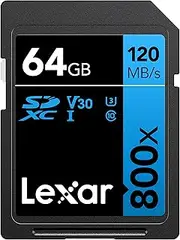 Lexar High-Performance 800x SD Card 64GB, SDXC UHS-I Memory Card Blue Series, Class 10, U3, V30, Up to 120MB/s Read, for Point-and-Shoot Cameras, Mid-Range DSLR, HD Camcorder (LSD0800064G-BNNAG)