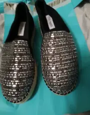 Steve Madden Loafers/Wedges Black Leather Silver Bead Shoes 8 Med Rare NWOT!