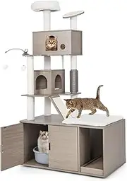 Multi-Level Cat Tree w/Litter Box Enclosure, All-in-one Cat Tower w/ 2 Condo House, Scratching Posts, Sisal Scratching Mats, Dangling Balls, Groomer, Modern Wooden Cat House Furniture for Indoor Cats