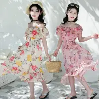 在飛比找Yahoo!奇摩拍賣優惠-?韓版中大女童 甜美雪紡長裙 夏日渡假 波西米亞連身裙 長版