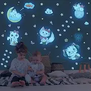Robmoda Glow in The Dark Stars for Girl's Room, Glowing Cats Cartoon Wall/Ceiling Decals, Kitten Butterflies Stickers for Kids Bedroom, Luminous Wall Decor for Nursery (Blue) (SD-YGT-007-blue)