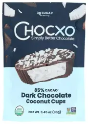 CHOCXO Organic 85% Dark Chocolate Coconut Cups, 3.45 OZ total BBD 07/25
