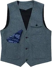 [HEYDHSDC] Men Herringbone Brown Formal Vest V Neck With Pocket Wedding Birthday Business Suit Waistcoat Light Blue Xl