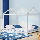 Oikiture Kids Wooden Bed Frame Timber House Beds Base with Fence Double White