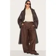 Brown Funnel Neck Faux Leather Trench Coat, Brown