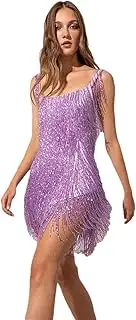 [HEYDHSDC] Women Latin Dance Fringe Dress Sexy Sleeveless Backless Sequin Tassel Dress