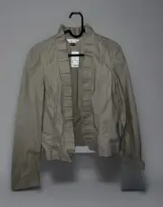 Christopher & Banks Khaki Cropped Jacket unlined Open Front Ruffled Collar Cuffs