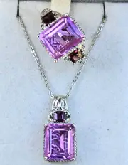 Pink Quartz / Rhodolite Ring & Pendant Set in Platinum Sterling Silver 20" Sz 8