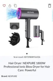Hair Dryer, NEXPURE 1800W Professional Ionic Blow Dryer, 2 Attachments, Grey