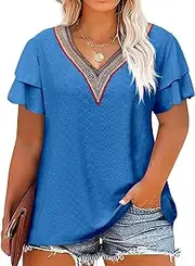 [Tankaneo] Womens Plus Size Tops V Neck Short Ruffle Sleeve T-Shirts Crochet Lace Summer Loose Fit Tunics Tees