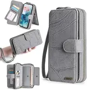 [Yidai-Silu] Galaxy A13 PU Leather Flip Case【Rotatable Card Holder，Detachable】 Magnetic Closure Zipper Case Shockproof Wristband Wallet Folio Cover for Samsung Galaxy A13 6,6" - Grey