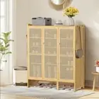 Modern Shoe Rack Storage Cabinet Organiser Shelf Cupboard Bamboo w/ 3 Weave Door