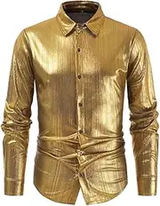 [Generic] Men's 70s Disco Shirts Luxury Metallic Sequins Button Down Long Sleeve Party Shirt Nightclub Costume Tops