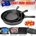Cast Iron Skillet 3 piece-set Camping BBQ Multi Functional Frying Pan Round AU]