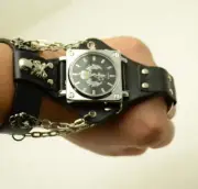 Genuine Leather Skull Rivet Square Dial Quartz Watch with Alloy Case