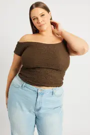 Brown Top Off Shoulder Textured