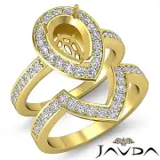 Diamond Engagement Halo Ring Pear Bridal Sets 18k Gold Yellow Semi Mount 1.4Ct
