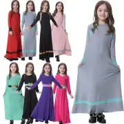 Kids Girls Muslim Long Sleeve Maxi Dress Modest Dubai Party Abaya Kaftan Caftan