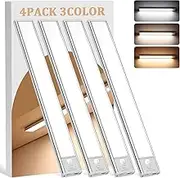 Under Cabinet Lighting Wireless, 4Pack Motion Sensor Light Indoor with 3 Color Temps, Dimmable Closet Lights Battery Operated, LED Magnetic Light, Rechargeable Under Counter Lights for Kitchen Stairs