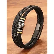 Men's Braided Leather Bracelet with Metal Bead Accents – Stylish Double-Layer Black Bracelet with Magnetic Clasp