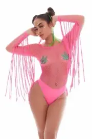 Kandi House Fringe Benefits 2pc Bodysuit Pasties Set Neon Pink