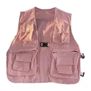 Men Waistcoat Sleeveless Multi Pockets Design Closure Vest Color Coat Solid Buckle Thin Camping Fishing Waistcoat pink XL
