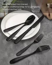Hammered Silverware Set Ollex 40-Piece Black Flatware Set for 8 Mirror Finish...