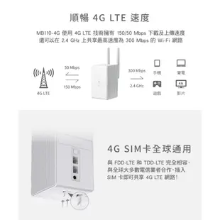 Mercusys水星網路 MB110-4G 4G分享器 300 Mbps 無線 N 4G LTE 路由器 隨插即用