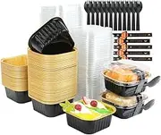 RETON 100 Pcs Mini Square Cake Pans with Lids and Sporks Stickers, 5oz Aluminum Foil Ramekins Baking Cups, Individual Cupcake Containers for Brownies Dessert Party Wedding Birthday (Black Gold)