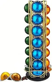Wrobic Coffee Capsules Holder for 28 Nespresso Vertuo Pods, Coffee Pod Holder for Nespresso Vertuoline Pods, Rotating Design, Coffe Storage Rack for 28 Pcs Pods，Gold
