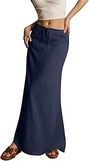 [Generic] Linen Maxi Skirts for Women Trendy Summer Comfy Drawstring Waist A Line Dresses Beach Cover Up Skirts