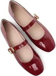 [Stunner] Women's Red Mary Jane Flats Retro Square Toe Soft Ballet Flats Comfort Double Line Strap Wedding Flats