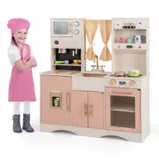 Costway Kitchen Playset Wooden Cooking Pretend Toy Set Gift Home w/Oven & Full Cooking Accessories Pink