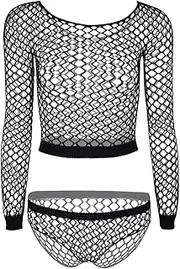 [YiZYiF] Women's Fishnet Lingerie Sets Long Sleeve Cami Crop Top and Brief 2 Piece Babydoll Outfits