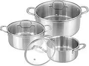 Stainless Steel Casserole Dish with Lid – Induction Hob Cooking Pots Set – Non Stick Dutch Oven – 20cm, 24cm & 28cm (3 Pots + 3 Glass Lids) – by Nuovva