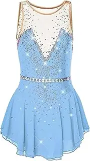 [Zagitova] Sleeveless Ice Skating Dresses for Women Girls' Mesh Splicing Skating Exercise Bodysuit with Shiny Rhinestones